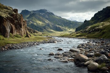 Icelandic mountain river valley. Scenic view.  Possible use nature backdrop