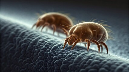 Close up of two dust mites on a textured surface with detailed legs and antennae