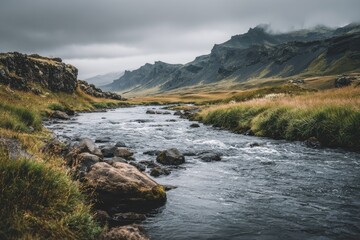 Iceland River Valley, Cloudy Day. Nature Scenery.  Possible Use Background