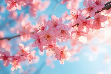 Obraz premium Close-up of delicate pink cherry blossoms blooming on tree branches under a bright blue sky with soft sunlight