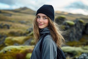 Young woman with long hair wearing a black beanie and gray jacket smiling gently outdoors in a scenic moss-covered rocky landscape
