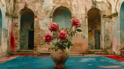 Pink Roses in Rustic Vase Old Building Background