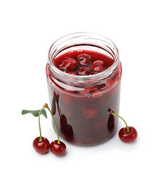 Tasty cherry jam and fresh fruits isolated on white