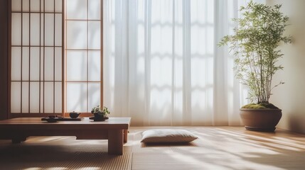 Minimalist Japanese bedroom with tatami floor, futon, soft lighting, and serene decor.
