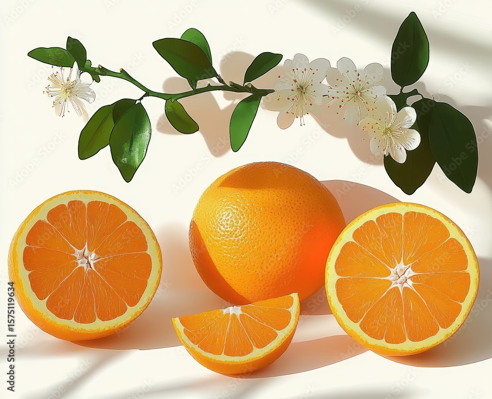 Poster fresh whole orange with two halves and a slice arranged on a white surface with a blossoming branch 