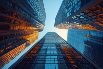 Looking upward at tall modern glass skyscrapers reflecting warm sunlight against a clear blue sky in an urban cityscape