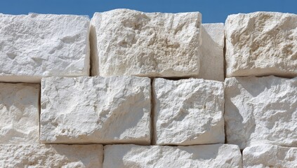 White stone blocks, sunny day, outdoors, stacked wall.  Possible use  construction