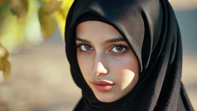 Young beautiful Iranian woman in black hijab. Arabic Muslim lady in traditional clothes
