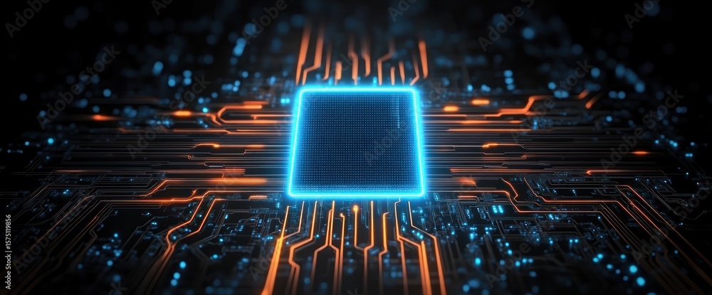 Poster glowing central microchip on a dark circuit board with illuminated blue and orange pathways represen