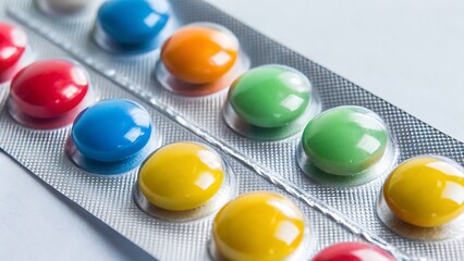 Close up of a blister pack containing colorful round candies or pills on white surface