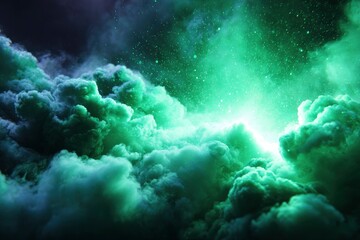 Fototapeta premium A green luminous cloud fills the space with a dark background dotted with white sparkles