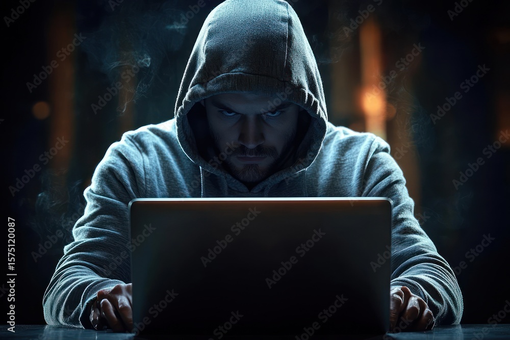 Poster man in a hooded sweatshirt intently using a laptop in a dark, dimly lit environment with a focused a