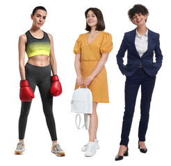 Different people on white background. Full-length portraits