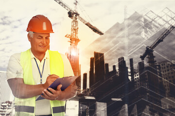 Engineer with clipboard and unfinished buildings, multiple exposure