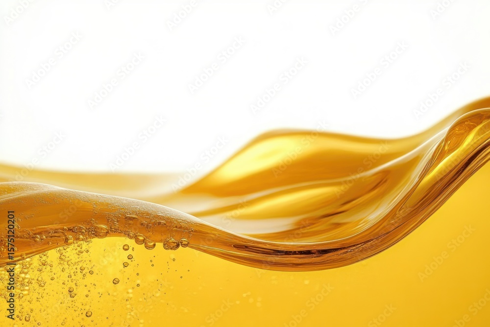 Poster close-up view of golden liquid with bubbles forming smooth flowing waves and translucent texture