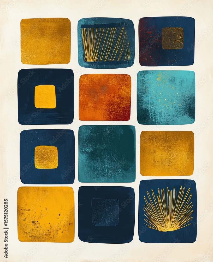 Poster abstract geometric composition with grid of twelve rounded rectangles in deep blue, mustard yellow, 