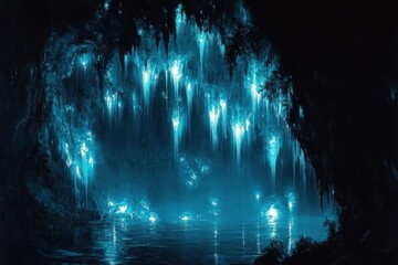 Glowing blue bioluminescent cave interior with hanging light formations reflecting on still water surface, creating a mystical and serene atmosphere
