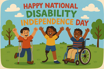National disability independence day celebration with diverse children smiling joyfully in the park using crutches wheelchair and prosthetic leg embracing inclusivity empowerment strength and support