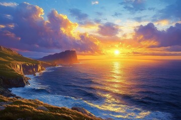 Fototapeta premium Vibrant sunset over ocean with rugged cliffs and dramatic clouds reflecting warm golden light on water