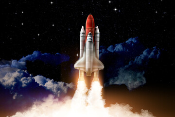 Modern space rocket in beautiful starry sky