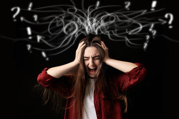 Woman screaming on black background. Confused thoughts as doodles coming out of her head. Stress,...