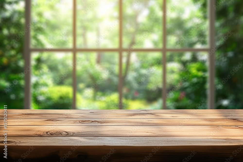 Poster empty wooden table surface with blurred green garden background visible through large window creatin