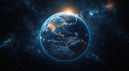 View of Earth from space showing North and South America with city lights glowing on the dark side and the sun rising behind the planet in a star-filled galaxy