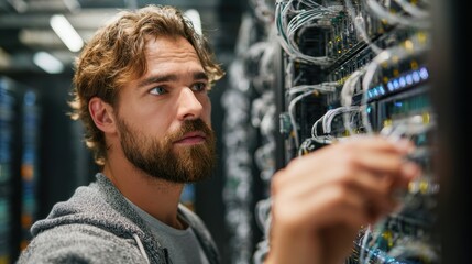 Concentrated young male technician collaborating with advanced server systems illustrating the fastpaced world of IT and the essential role of effective problemsolving in a data center