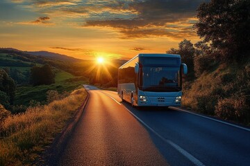 Blue passenger bus driving on a winding road through a scenic countryside at sunset with golden light illuminating the landscape and hills in the background