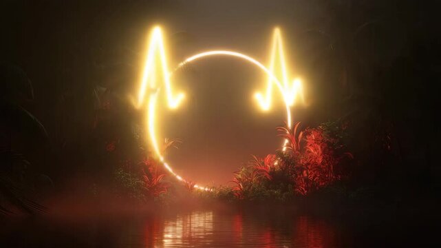 Rhythmic Golden Halo in Tropical Jungle Night &ndash; Ultra HD 8K Cinematic Scene with Mist, Lush Foliage, and Water Reflection