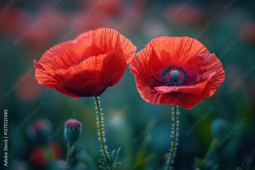 Poster close-up of two vibrant red poppy flowers blooming with soft-focus greenery and more poppies in the 