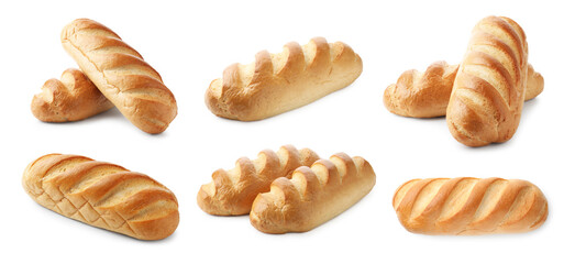 Loaves of fresh bread isolated on white, collage