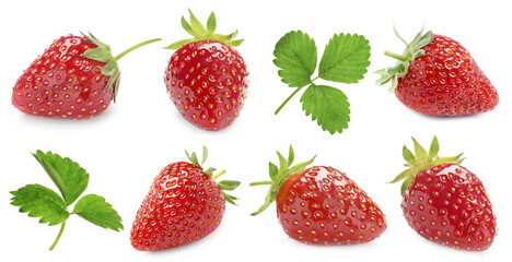 Fresh sweet strawberries and green leaves on white background, set
