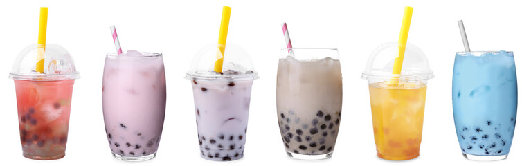 Bubble tea of different flavors on white background, set