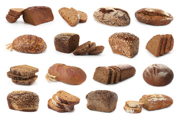 Freshly baked bread on white background, collage. Whole and cut