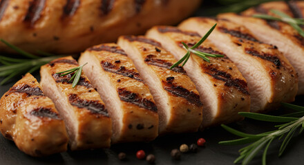 Macro shot of grilled chicken breast sliced into thin strips