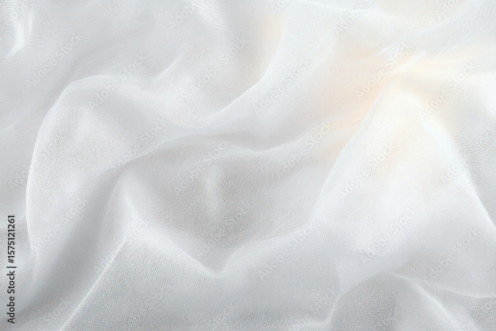 Poster close-up view of soft white fabric textile with delicate folds and a smooth texture under gentle lig