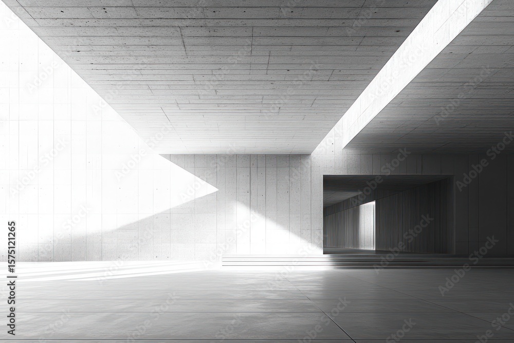 Poster minimalist modern concrete interior space with geometric shapes, sharp light and shadows, and empty 