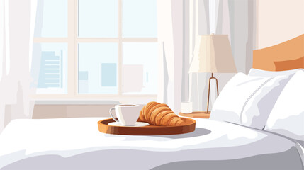 Luxury Hotel Bedding with Coffee and Croissant Tray