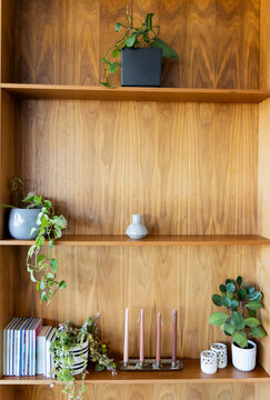 Wooden shelving unit displaying vases, trailing vine plant, books and candles on wood-grain panel