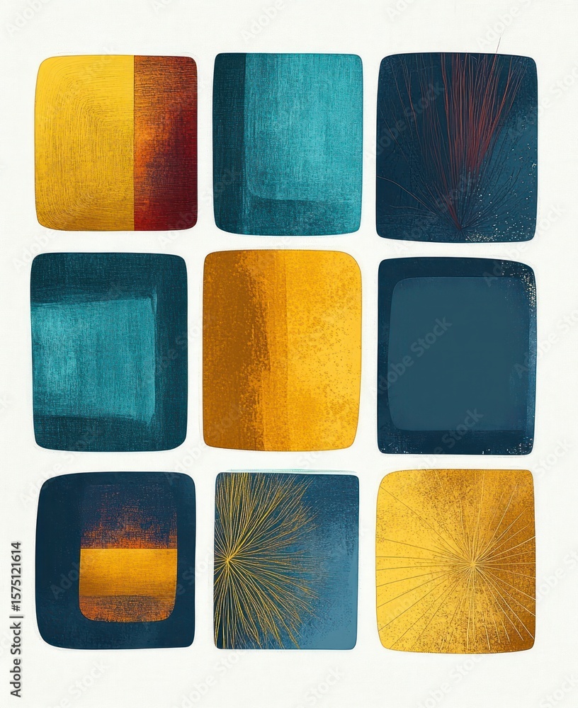 Poster abstract modern artwork featuring nine square shapes in shades of blue, yellow, and orange with text