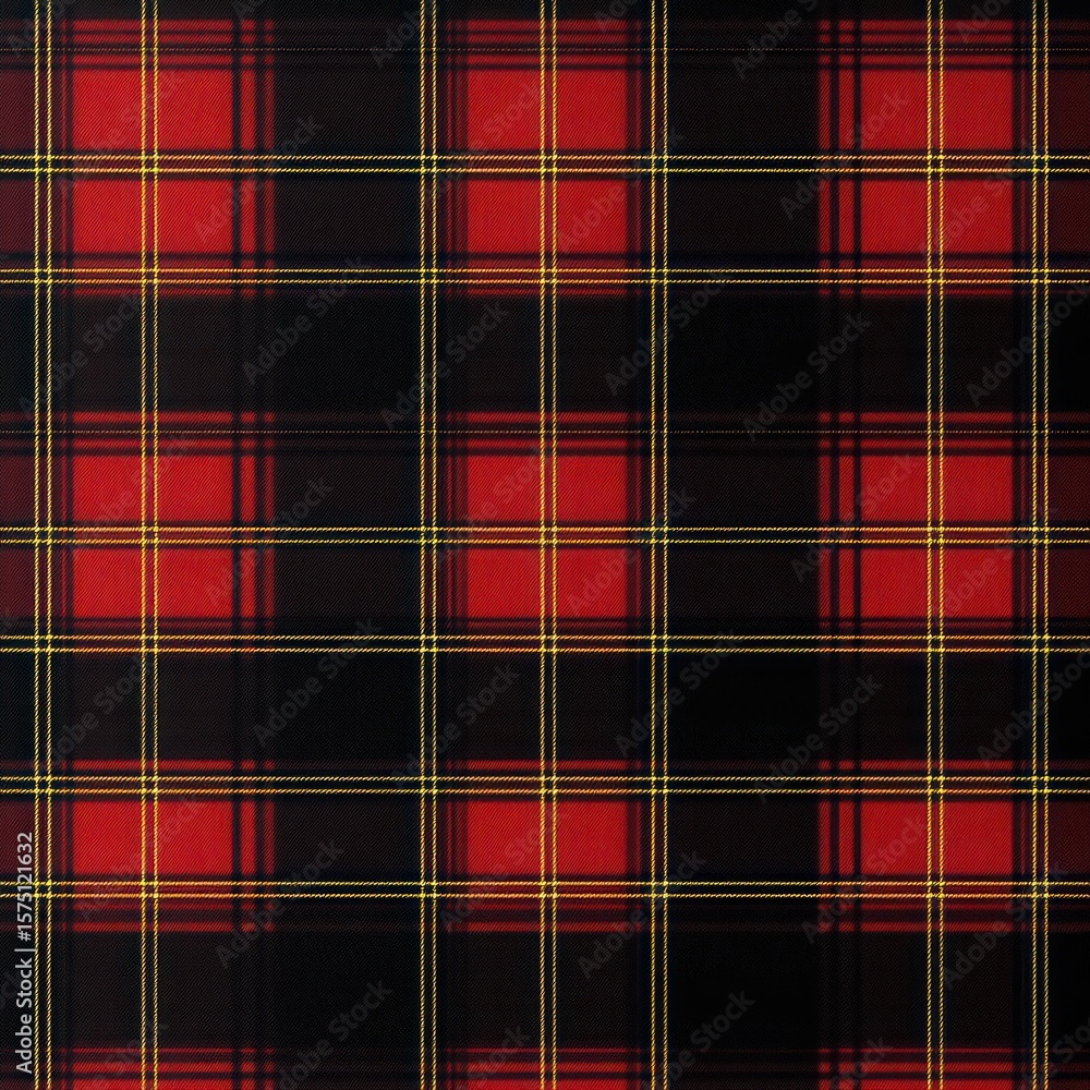 Poster red and black plaid pattern with yellow and thin black intersecting lines creating a traditional tar