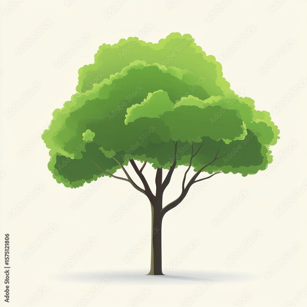 Poster illustration of a healthy green tree with dense foliage and multiple branches casting a soft shadow 