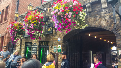 Colorful hanging flowers over the entrance of a traditional Irish pub, The Brazen Head