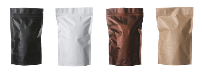 Different zipper stand-up pouches on white background, set. Mockup for design © New Africa