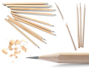 Wooden graphite pencils and shavings on white background, collage