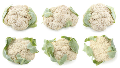 Fresh raw cauliflowers on white background, collage