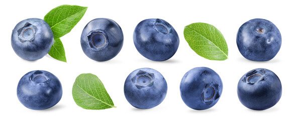 Fresh blueberries and green leaves isolated on white, collage