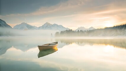 A serene lake with a small boat and mountains covered in mist at sunrise or sunset