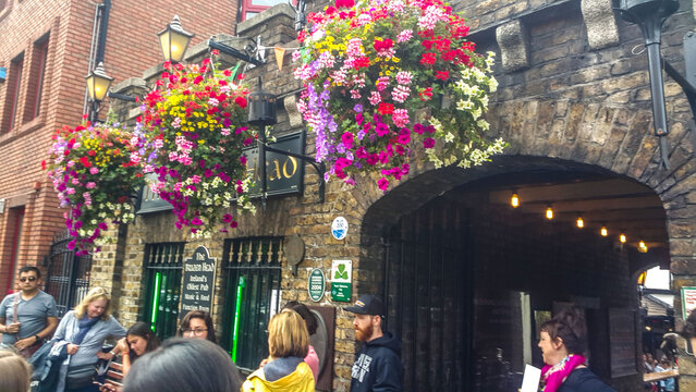 Colorful hanging flowers over the entrance of a traditional Irish pub, The Brazen Head